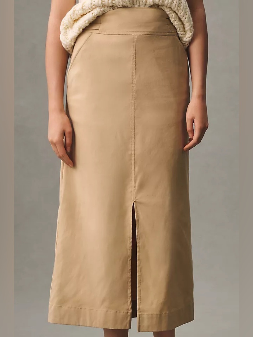 Anthropologie Slim Column Maxi Skirt Tan Linen Blend Front Slit Pockets Size 4 - Picture 3 of 16